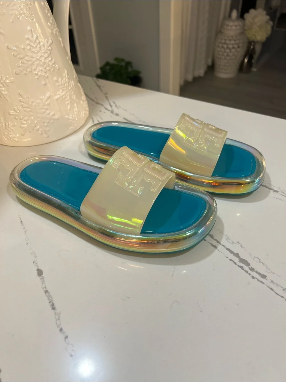 Tory Burch Green Teal Footbed Iridescent Slide Sandals size 7